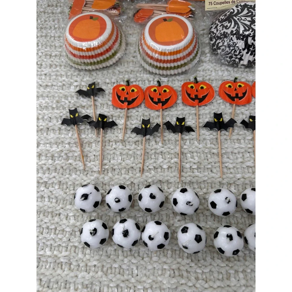 Wilton Celebrate It Cupcake Liners Picks Candles‎ Halloween Pumpkin Soccer Lot